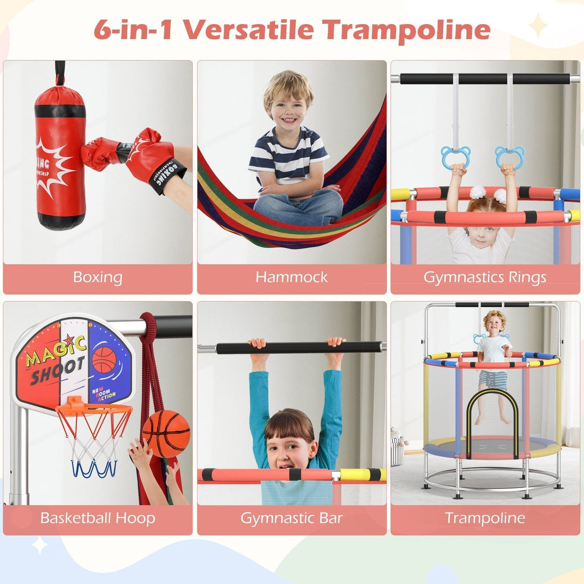 55-inch kids trampoline with enclosure net and gym bar by GBruno Store, view 15