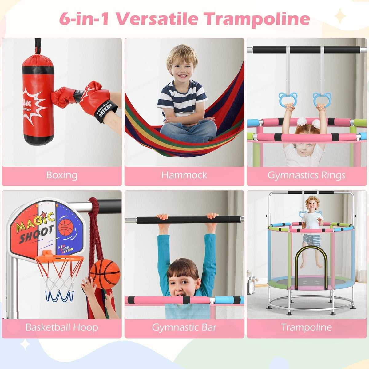 55-inch kids trampoline with enclosure net and gym bar by GBruno Store, view 14