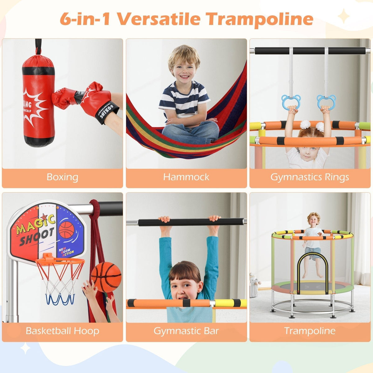 55-inch kids trampoline with enclosure net and gym bar by GBruno Store, view 13