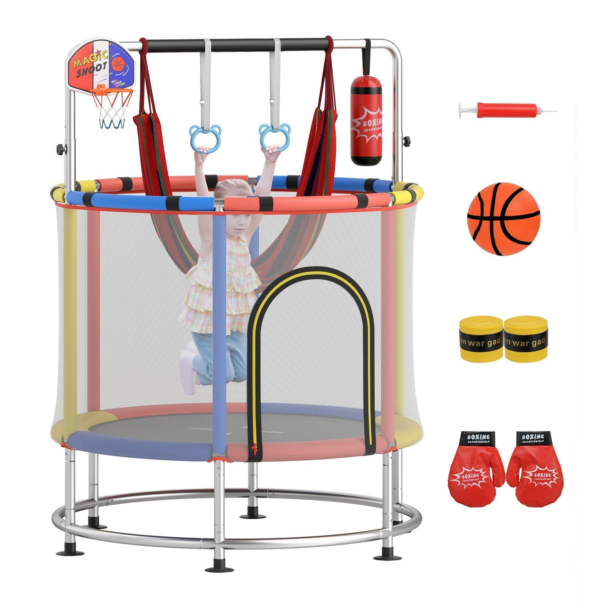 55-inch kids trampoline with enclosure net and gym bar by GBruno Store, view 3