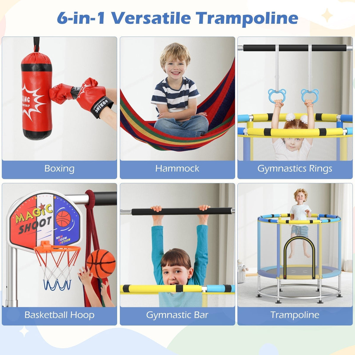 55-inch kids trampoline with enclosure net and gym bar by GBruno Store, view 16