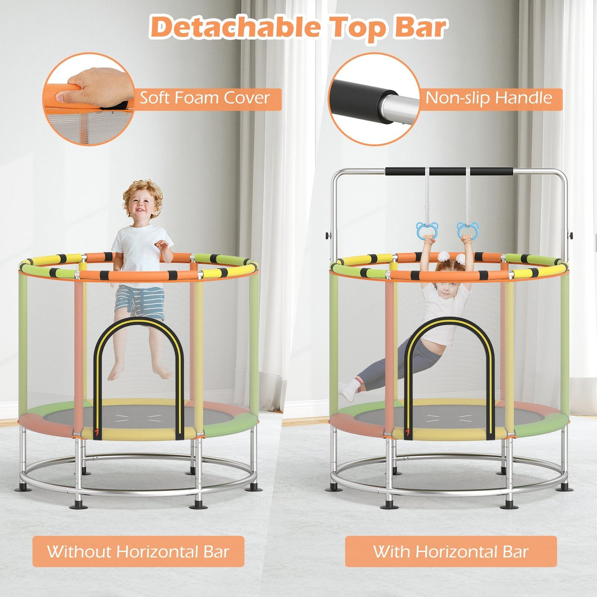 55-inch kids trampoline with enclosure net and gym bar by GBruno Store, view 29