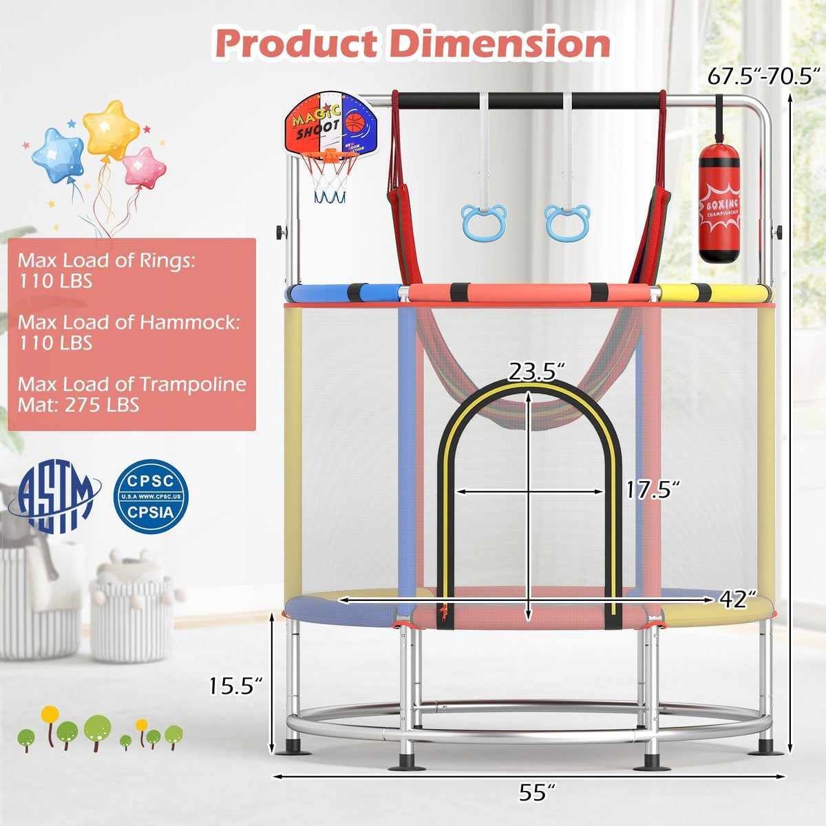 55-inch kids trampoline with enclosure net and gym bar by GBruno Store, view 11