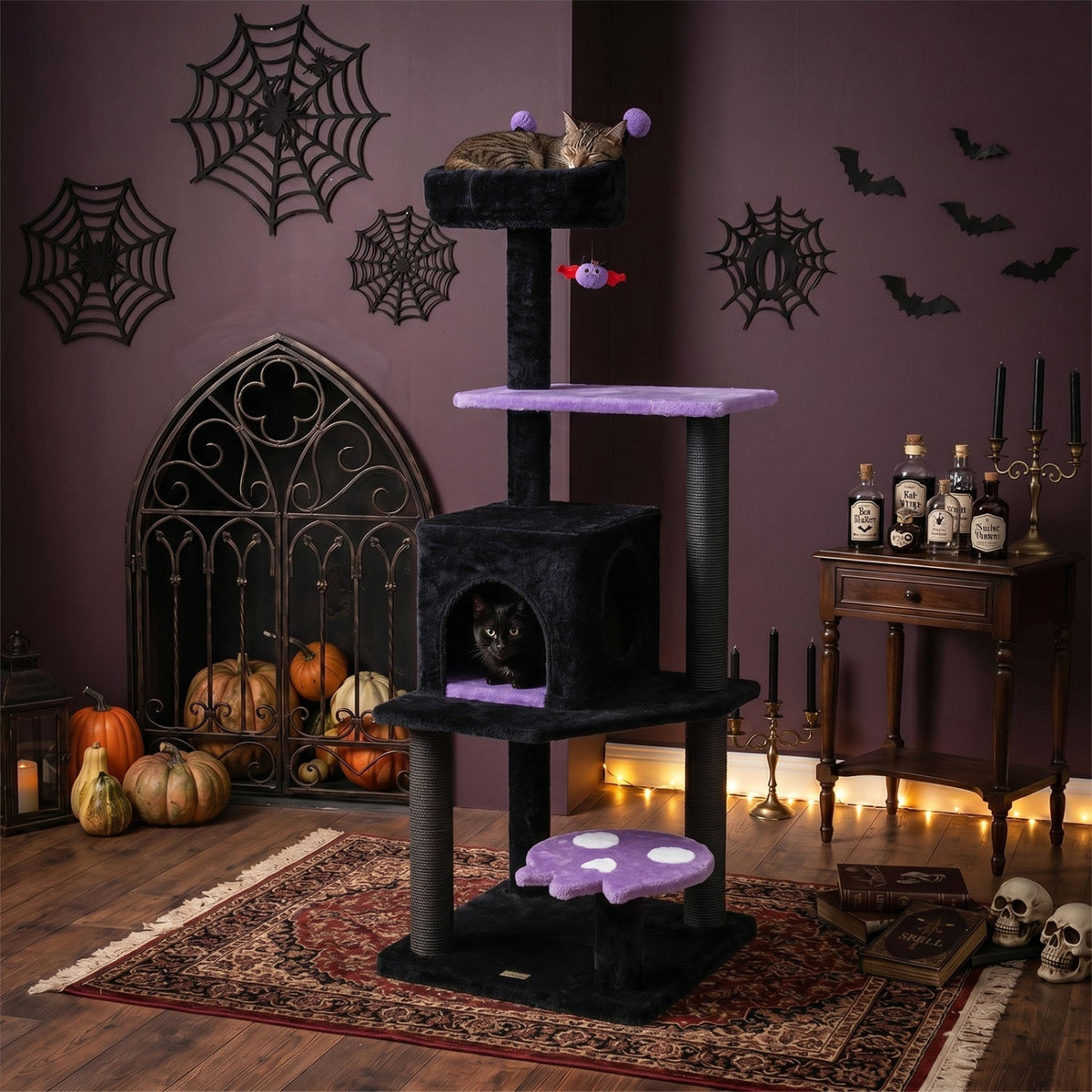 57" Gothic Cat Tower with Padded Perch and Spider ToyCat TreeTorqelo.com