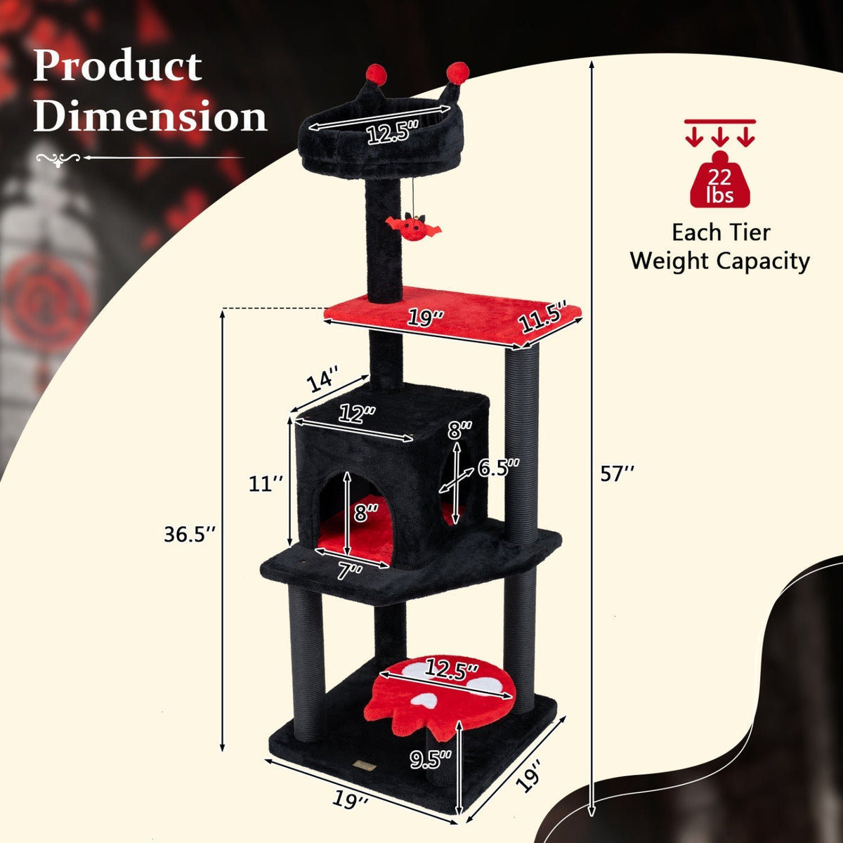 57-inch gothic cat tower with devil's ear perch, condo and spider toy by GBruno Store, view 13