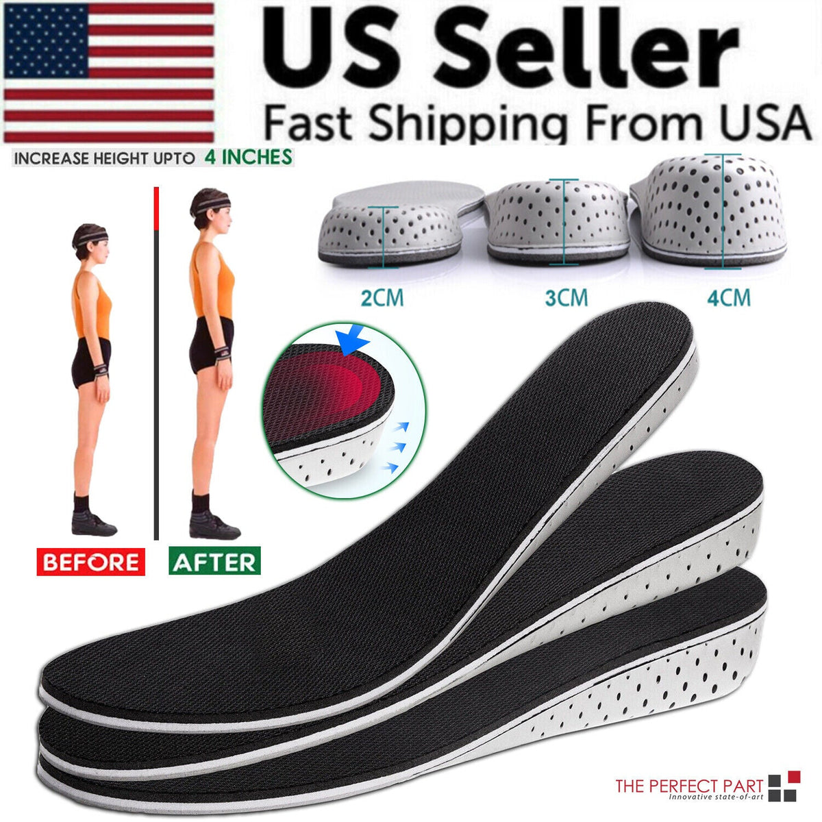 Men Women Invisible Height Increase Insoles Heel Lift Taller Shoe by Puce Gaia
