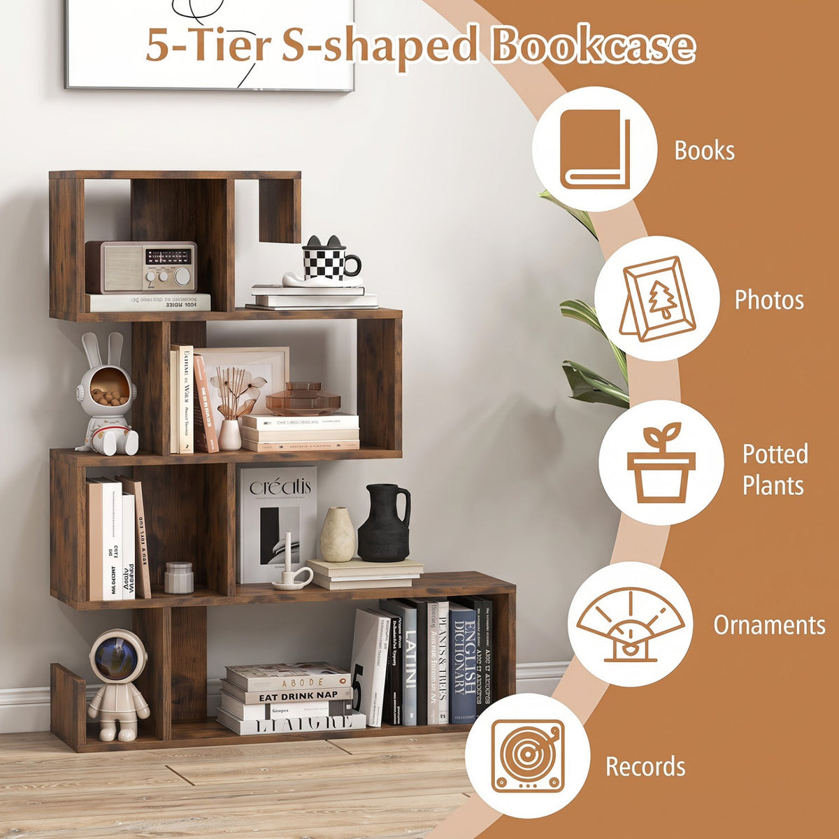 5-Tier S-Shaped Bookshelf with Open Cubes - Rustic Brown by DirectDeals