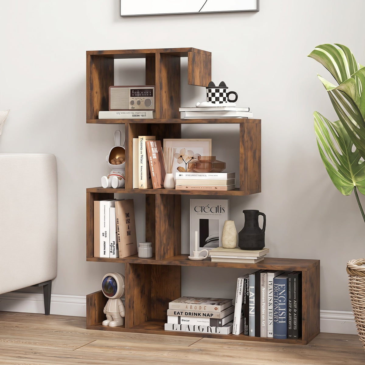 5-Tier S-Shaped Bookshelf with Open Cubes - Rustic Brown by DirectDeals