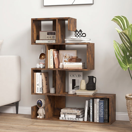 5-Tier S-Shaped Bookshelf with Open Cubes - Rustic Brown by DirectDeals
