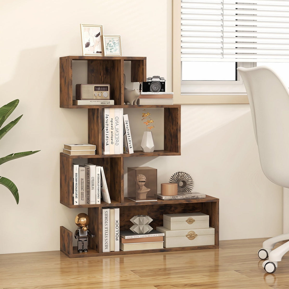 5-Tier S-Shaped Bookshelf with Open Cubes - Rustic Brown by DirectDeals