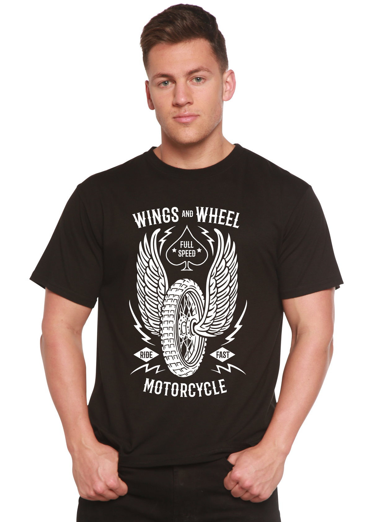 Wings and Wheel men's short sleeve graphic T-shirt in bamboo viscose and organic cotton