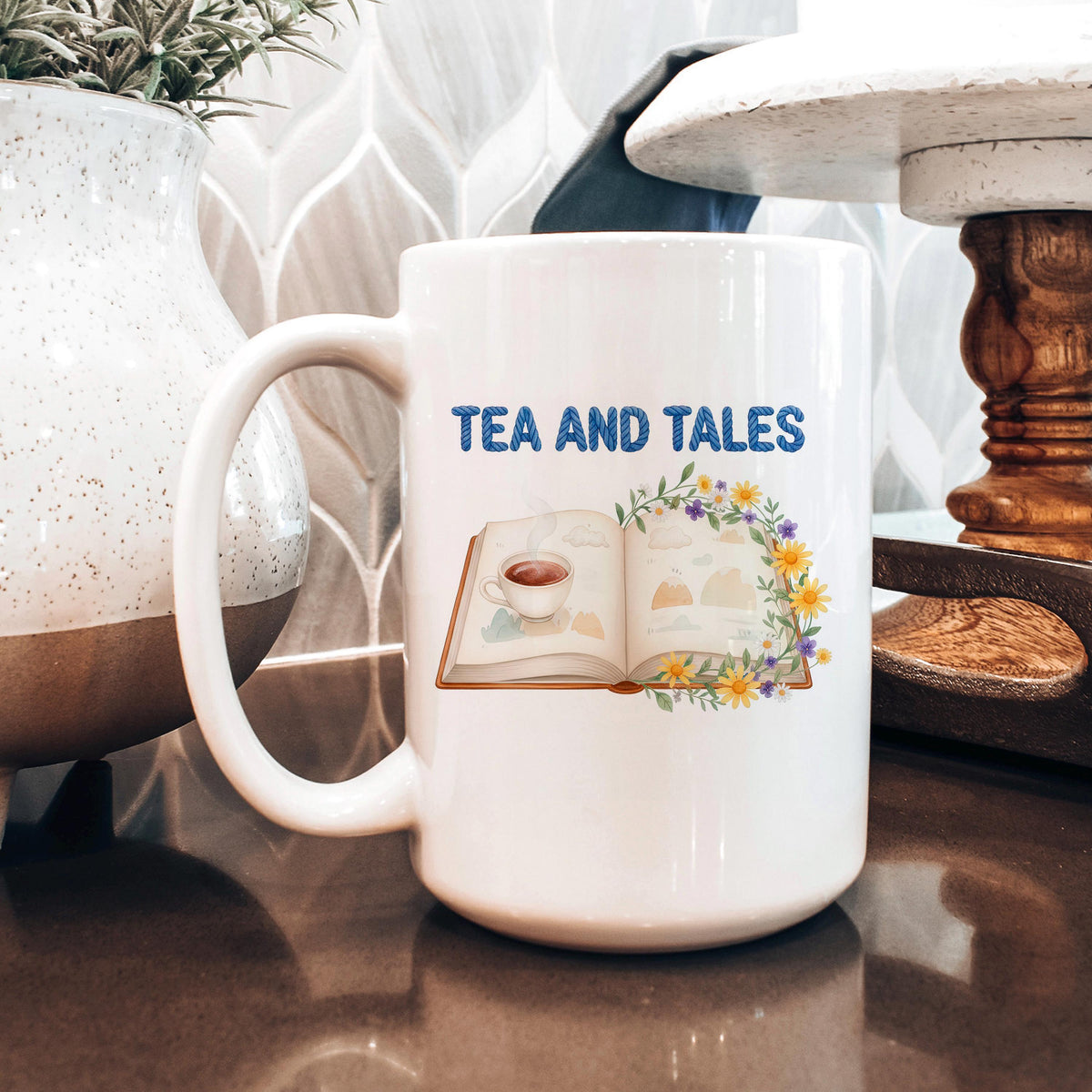 Tea and Tales Mug – Cozy Reader Mug | Book Lover Gift | Ceramic Tea Cup 11oz/15oz by Joyful Moose