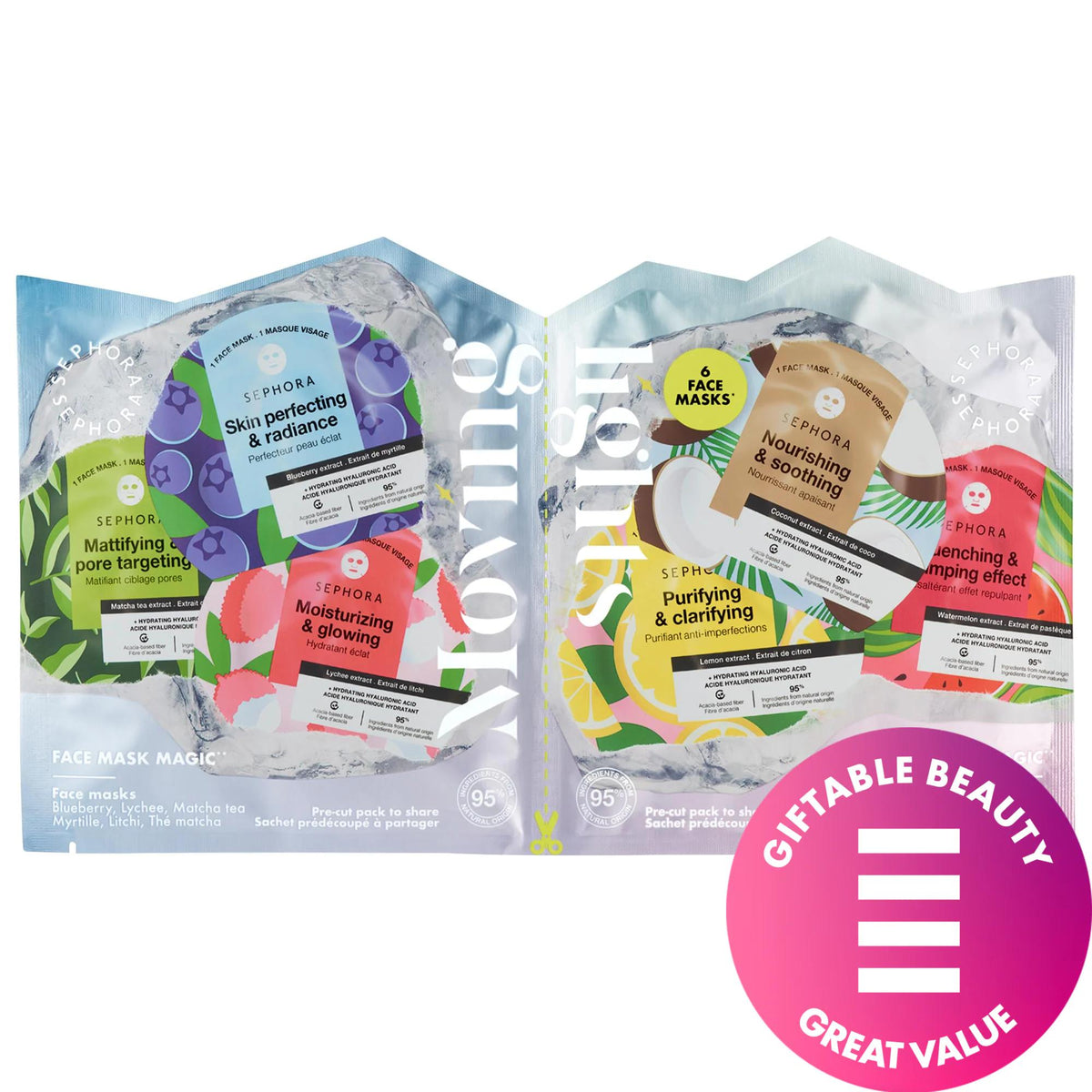 Sephora Collection: Natural Face Mask Set - Nourish & Replenish Dry Skin, 6-Piece Fruit Extract Masks, 95% Natural Origin - Quick 10 Minute Application by Beauty Care Bag