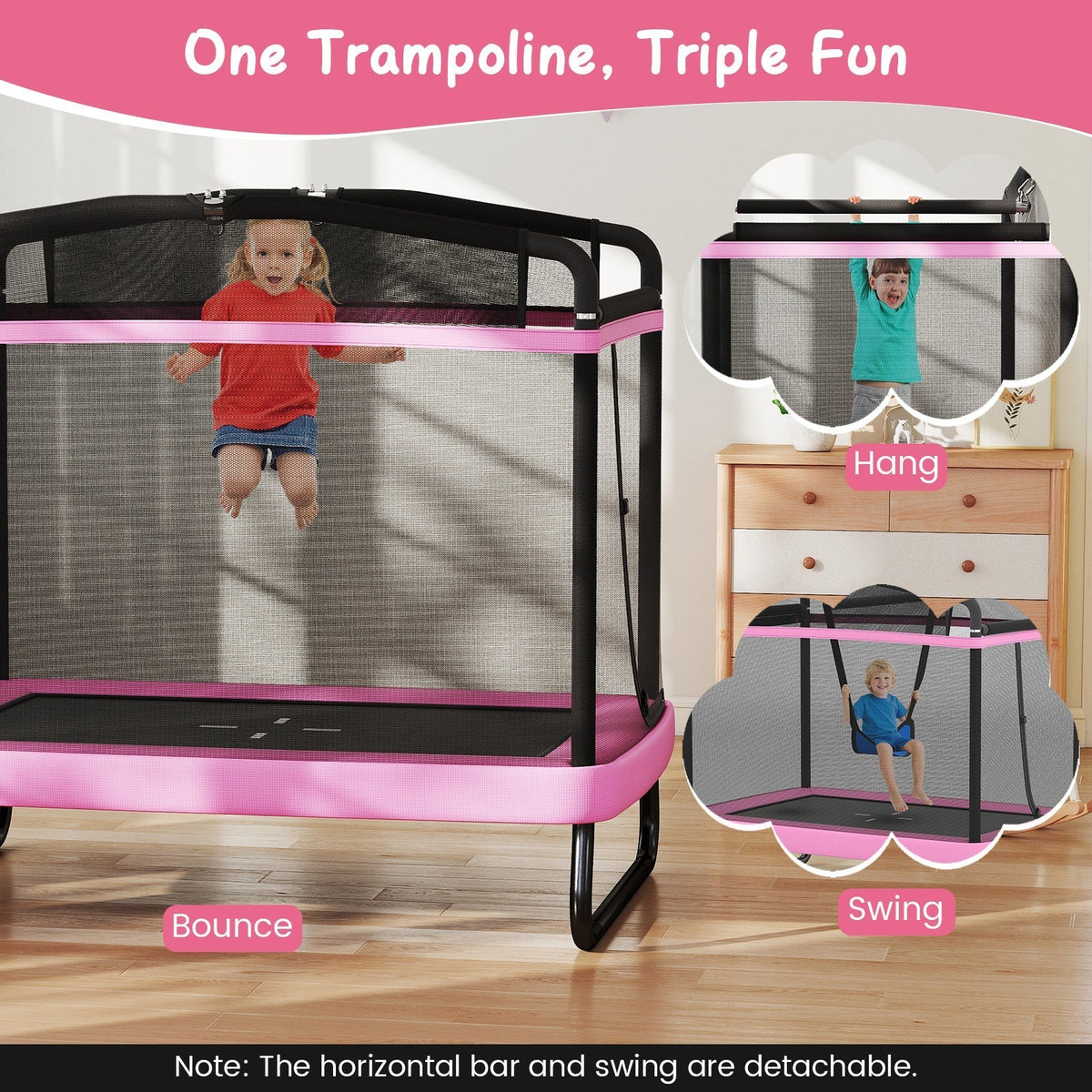 6 ft rectangle kids trampoline with swing and horizontal bar by GBruno Store, view 15