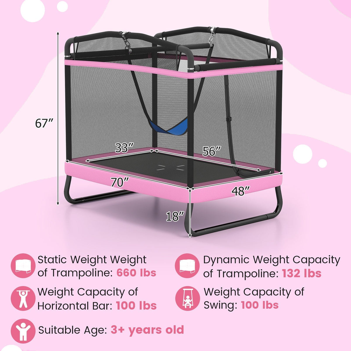 6 ft rectangle kids trampoline with swing and horizontal bar by GBruno Store, view 7