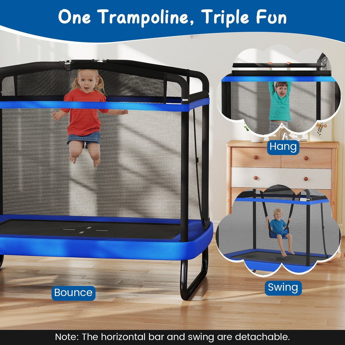 6 ft rectangle kids trampoline with swing and horizontal bar by GBruno Store, view 12