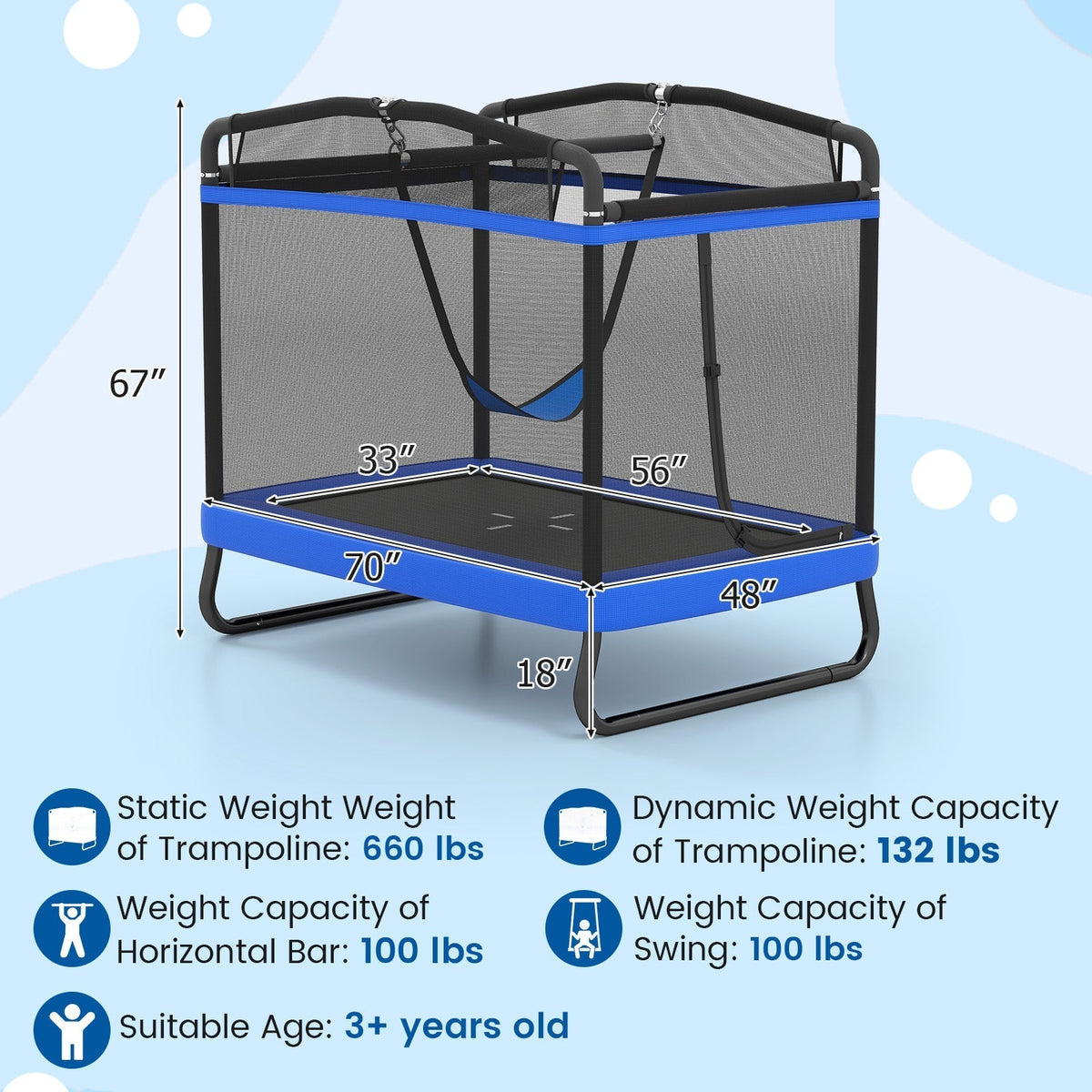 6 ft rectangle kids trampoline with swing and horizontal bar by GBruno Store, view 8