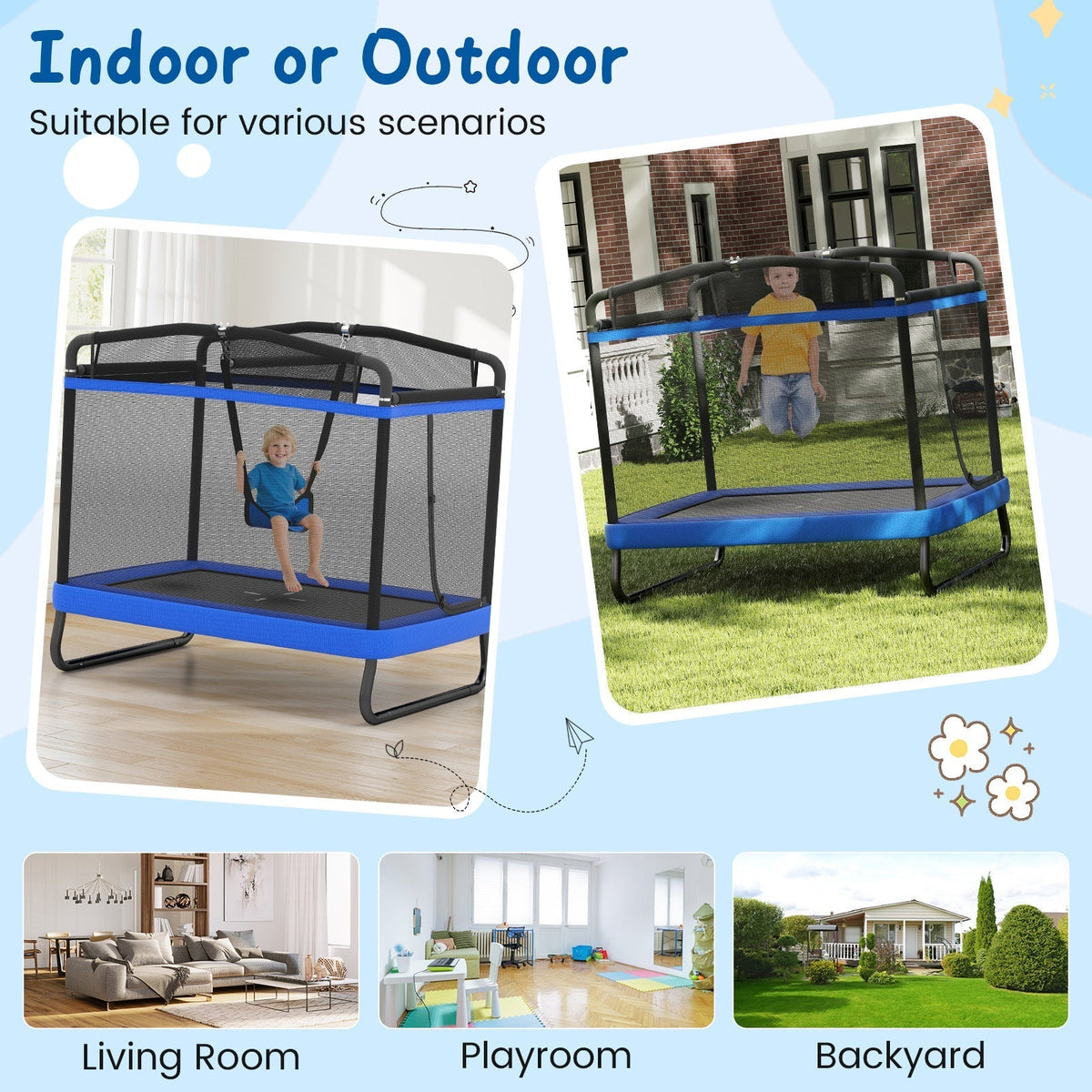 6 ft rectangle kids trampoline with swing and horizontal bar by GBruno Store, view 10