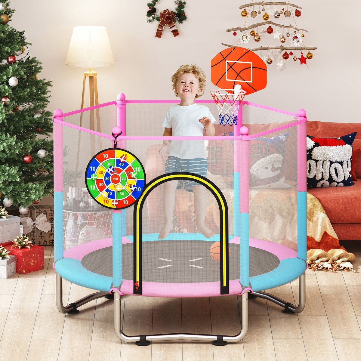 60-inch macaron toddler trampoline with basketball hoop by GBruno Store