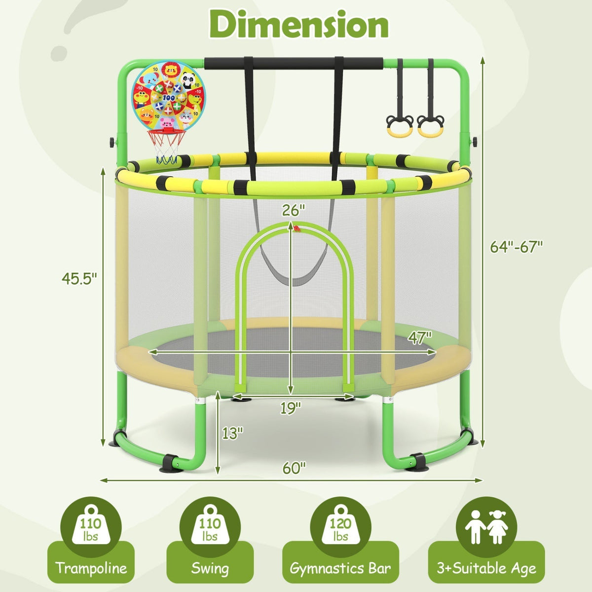 60-inch 6-in-1 kids trampoline play set with gym bar and swing by GBruno Store, view 19