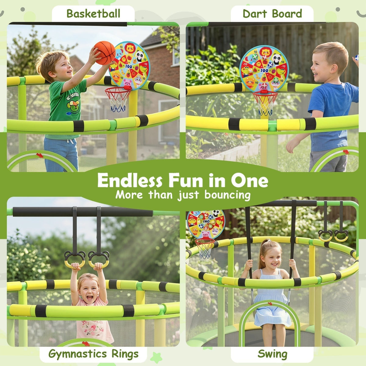 60-inch 6-in-1 kids trampoline play set with gym bar and swing by GBruno Store, view 21