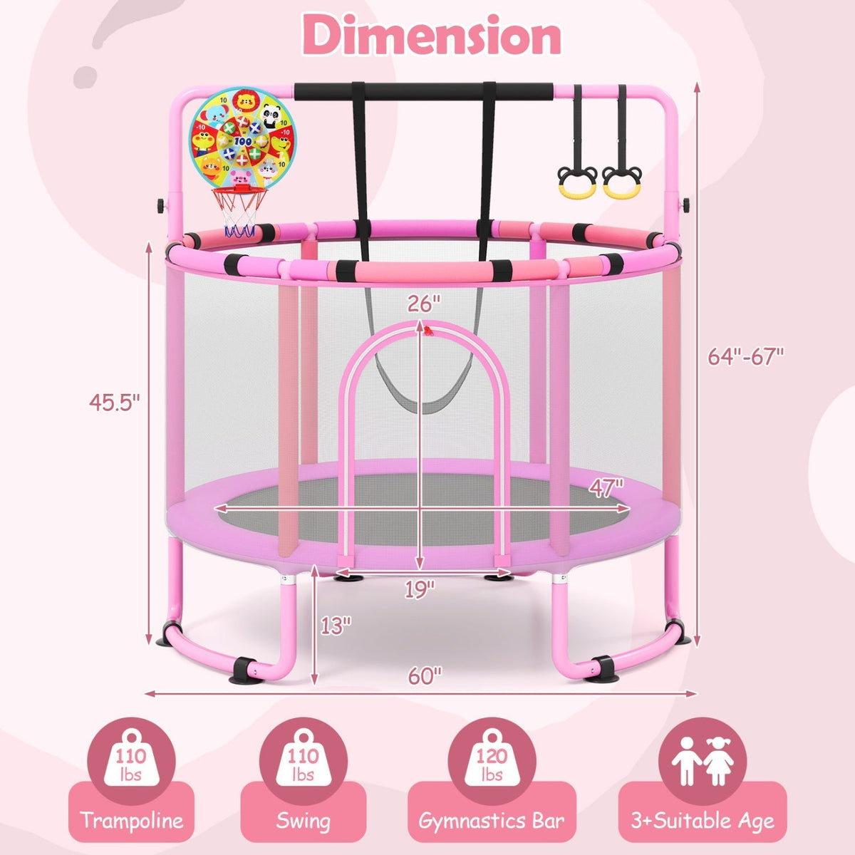 60-inch 6-in-1 kids trampoline play set with gym bar and swing by GBruno Store, view 3