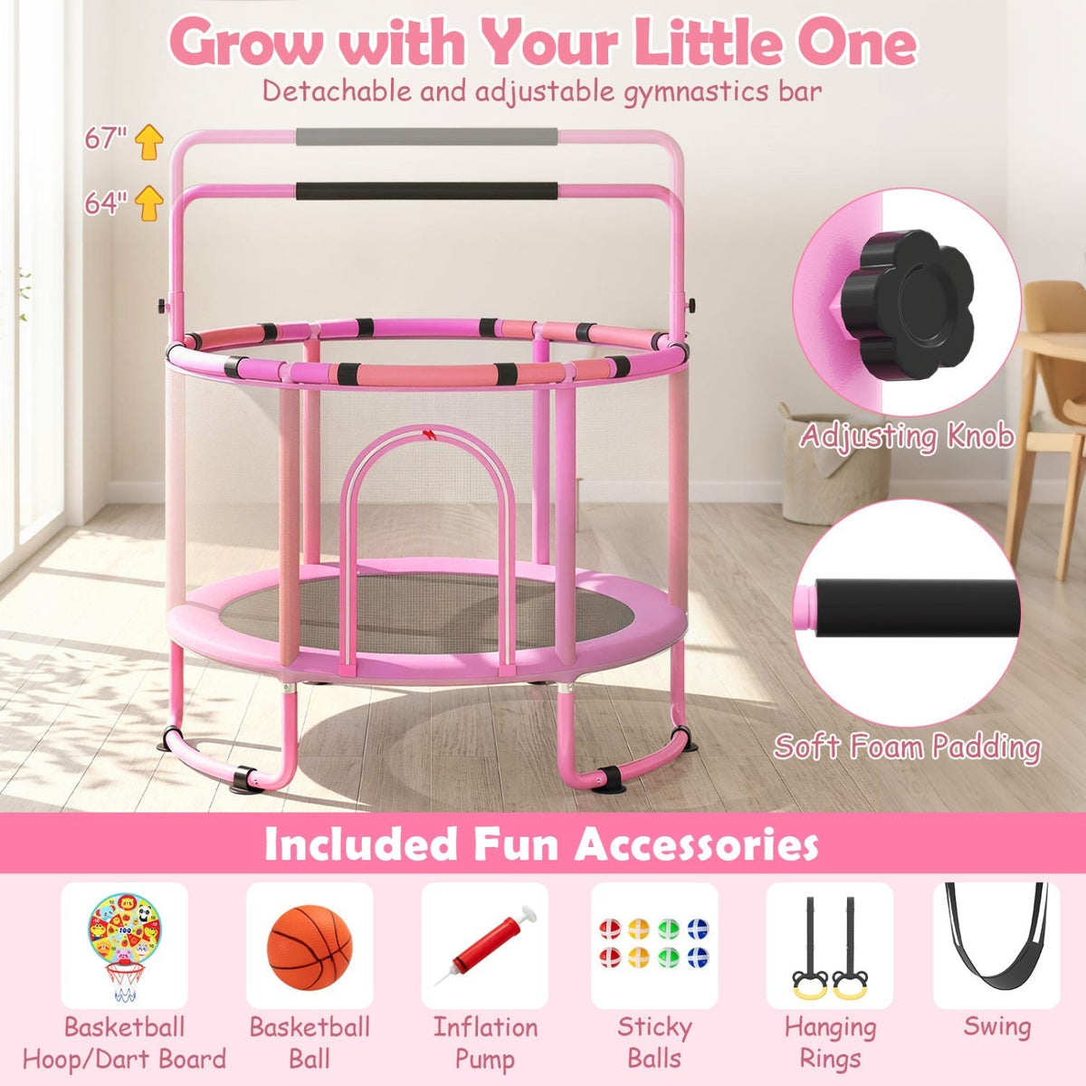 60-inch 6-in-1 kids trampoline play set with gym bar and swing by GBruno Store, view 5