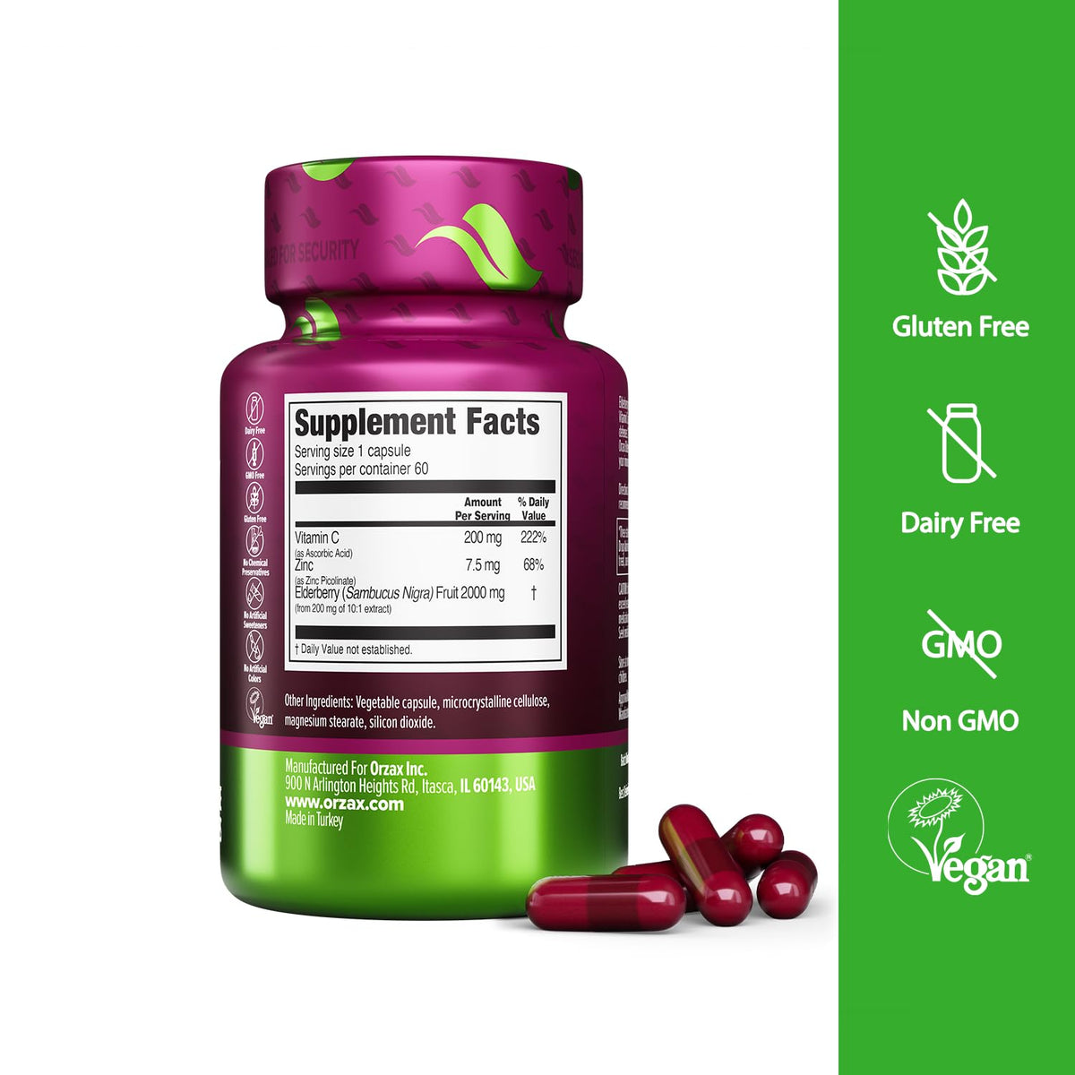 Orzax Immune Support Dietary Supplement Syrup - Sambucus Nigra, Vitamin C, Zinc for Kids & Adults by Beauty Care Bag