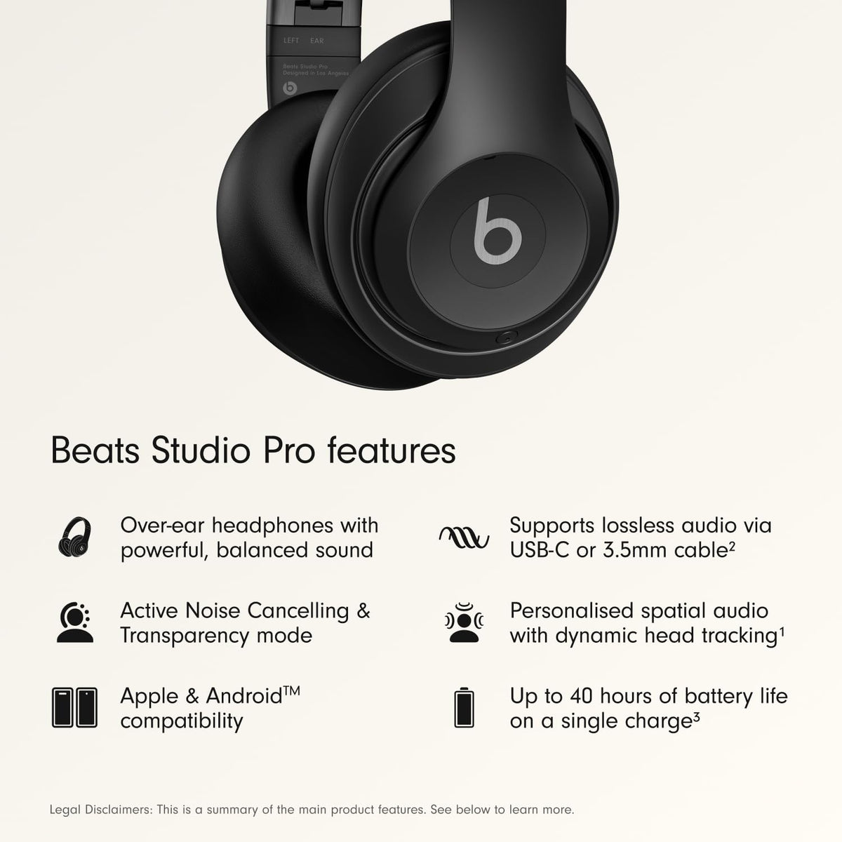 Beats Studio Pro Premium Wireless Over-Ear Headphones- Up to 40-Hour Battery Life, Active Noise Cancelling, Great for Travel & Commuting, USB-C Lossless Audio, Apple & Android Compatible -Black (Refurbished) by EasyOptionXY