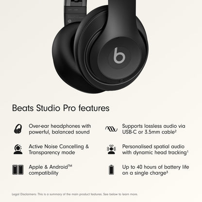 Beats Studio Pro Premium Wireless Over-Ear Headphones- Up to 40-Hour Battery Life, Active Noise Cancelling, Great for Travel & Commuting, USB-C Lossless Audio, Apple & Android Compatible -Black (Refurbished) by EasyOptionXY