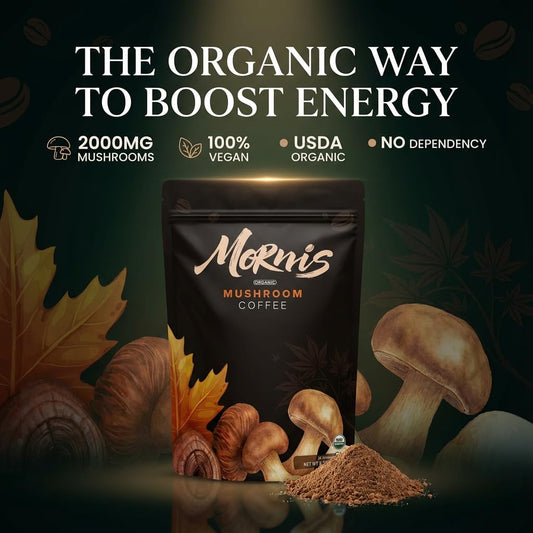 Mornis Mushroom Coffee, Adaptogenic 6 Mushrooms with Lion's Mane, Reishi, Cordyceps, Shiitake, King Trumpet & Turkey Tail, Instant Coffee Powder for Energy, Digestion & Immune Support, 30 Servings by Shahmori
