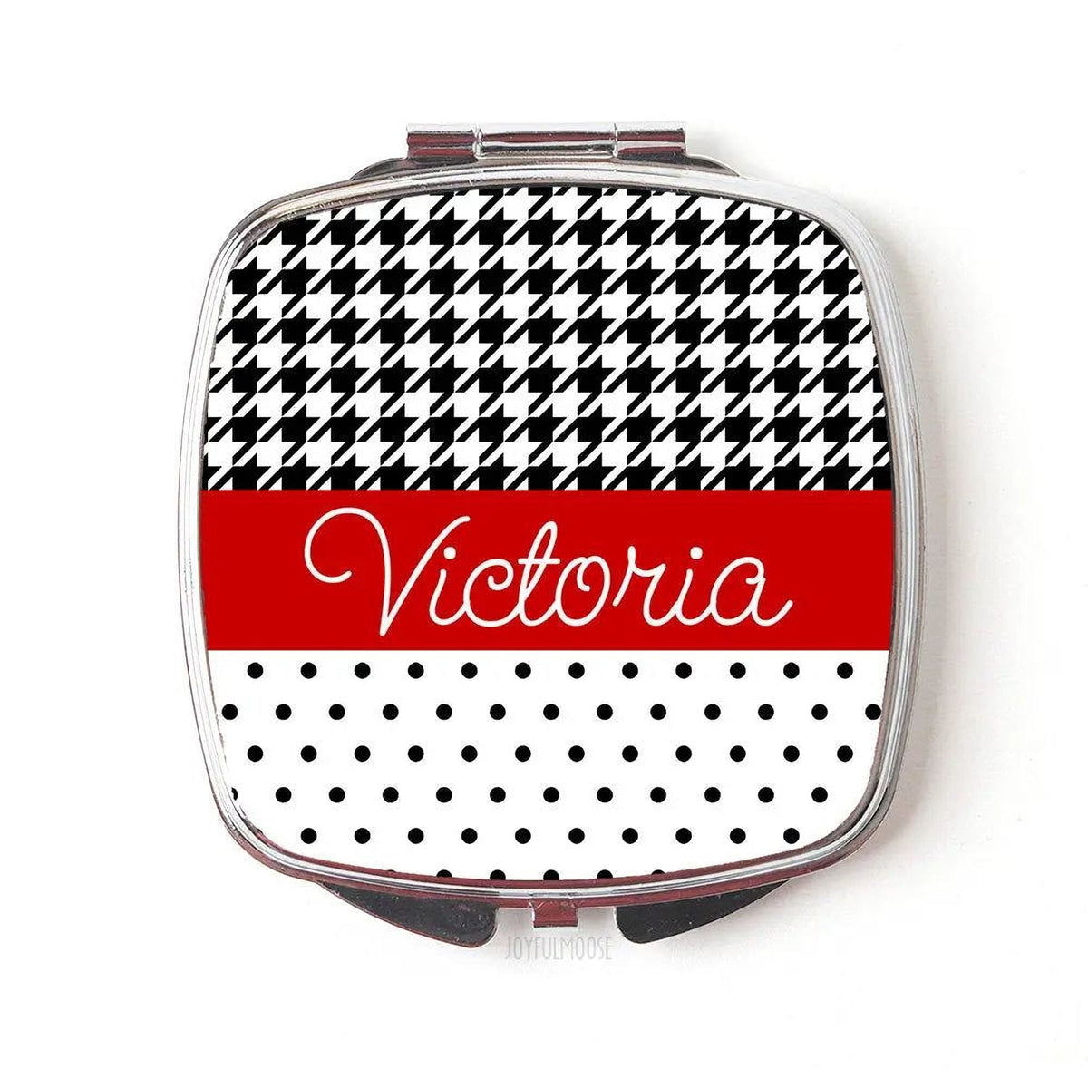 Personalized Compact Mirror - Red Black Polka Dot Houndstooth Custom Bridesmaids Gifts - Personalized Bridesmaids Gifts by Joyful Moose