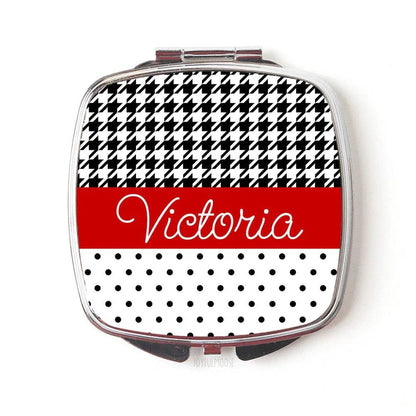 Personalized Compact Mirror - Red Black Polka Dot Houndstooth Custom Bridesmaids Gifts - Personalized Bridesmaids Gifts by Joyful Moose