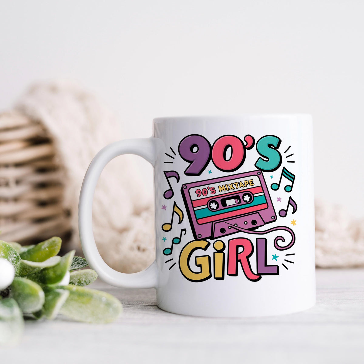 90s Girl Coffee Mug – Retro Cassette Tape Design | Microwave Safe Ceramic Cup by Joyful Moose
