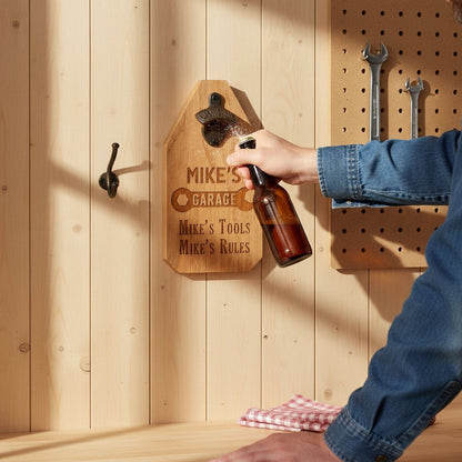 Custom Garage Sign – Personalized Wood Sign with Rustic Bottle Opener & Workshop Wall Art by Joyful Moose