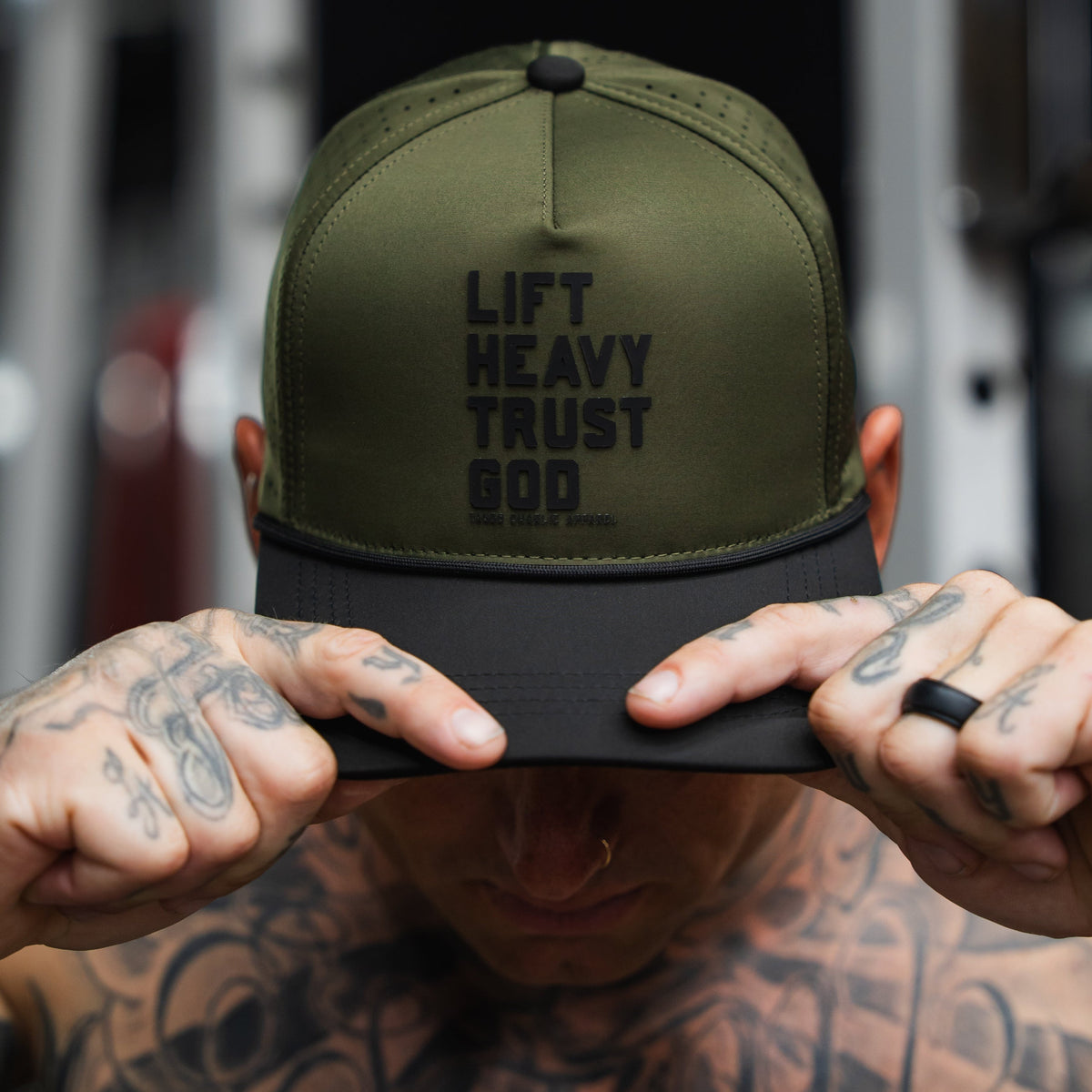 Lift Heavy. Trust God. Hydro - OD Green Snapback Hat by Tango Charlie Apparel