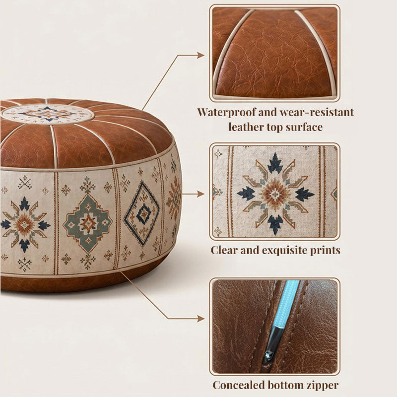 Bohemian ottoman pouf cover with water-resistant PU leather top — cover only; filling not included