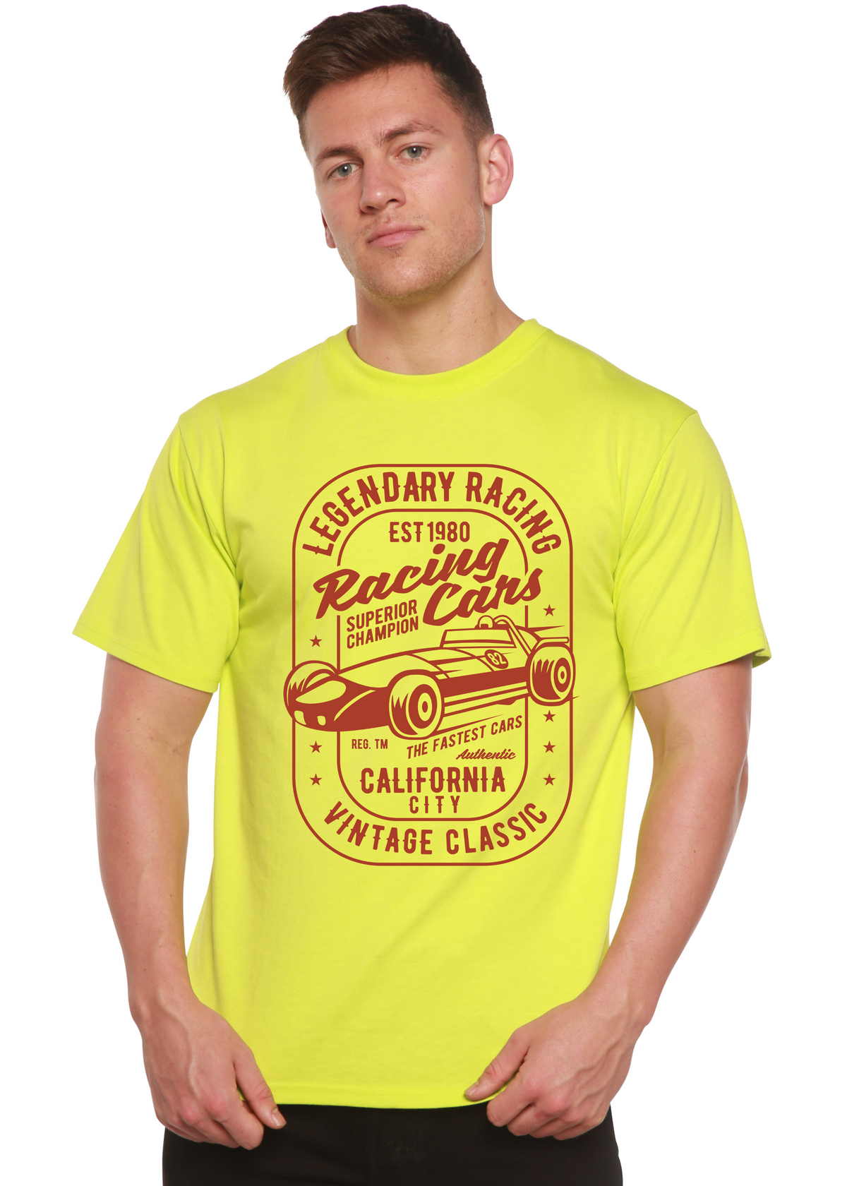 Legendary Racing Cars men's short sleeve graphic T-shirt in bamboo viscose and organic cotton