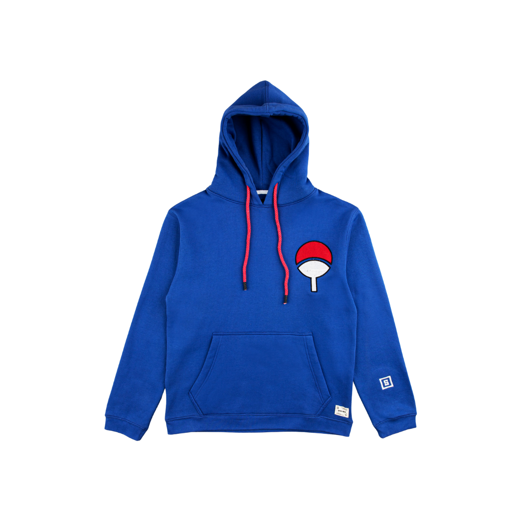 Uchiha anime heavy fleece hoodie with 3D embroidered logo, blue and red