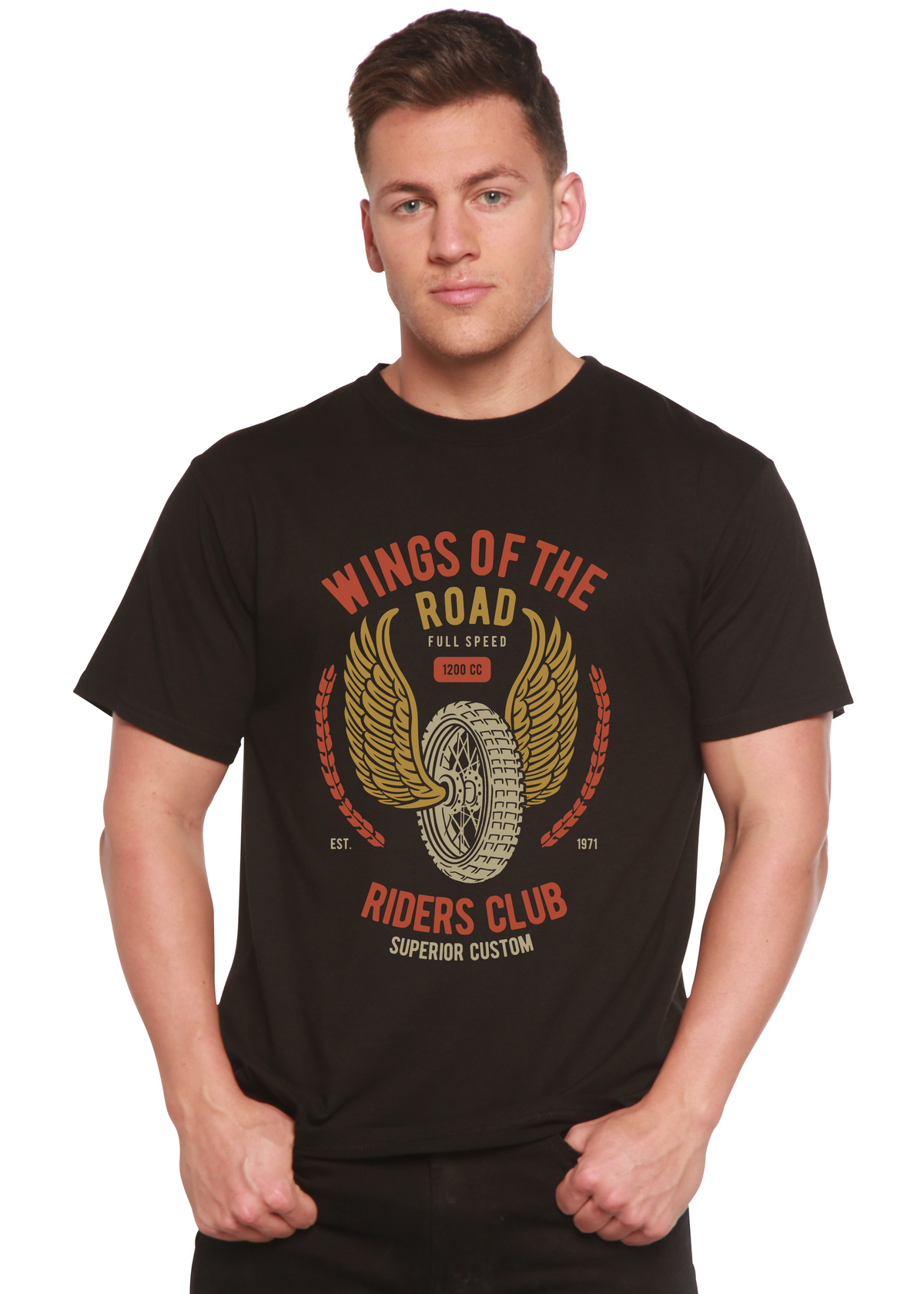 Wings of the Road men's short sleeve graphic T-shirt in bamboo viscose and organic cotton