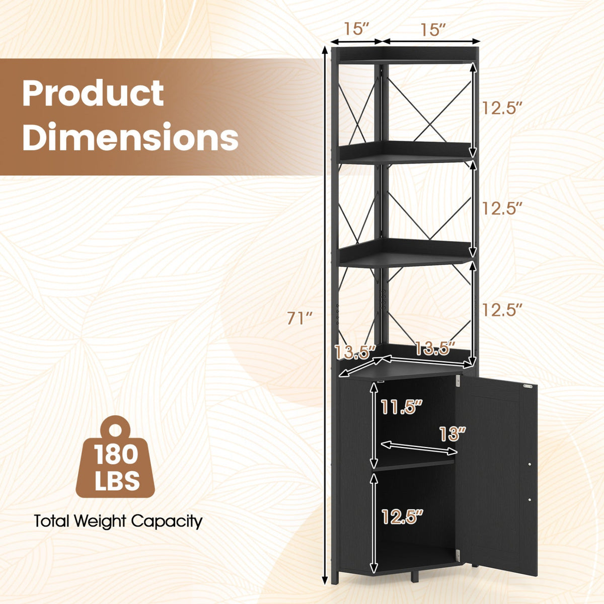 71-inch 6-tier corner bookshelf with cabinet by DirectDeals, view 5