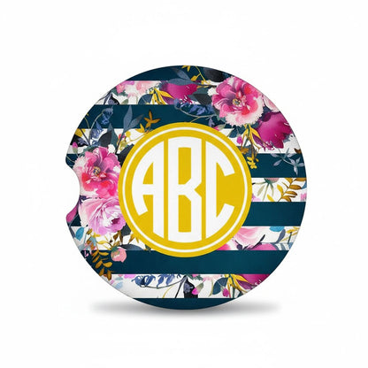 Monogram Car Coasters - Navy Rose Gold Floral Sandstone Car Coaster by Joyful Moose