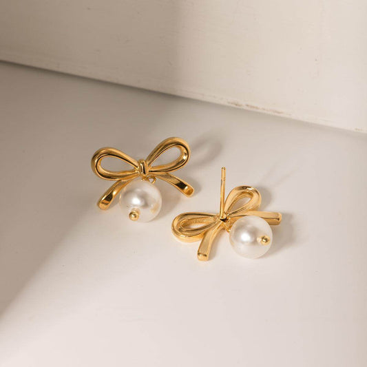 Stainless Steel Bow Pearl Earrings for Elegant Style by Mauve Tuna