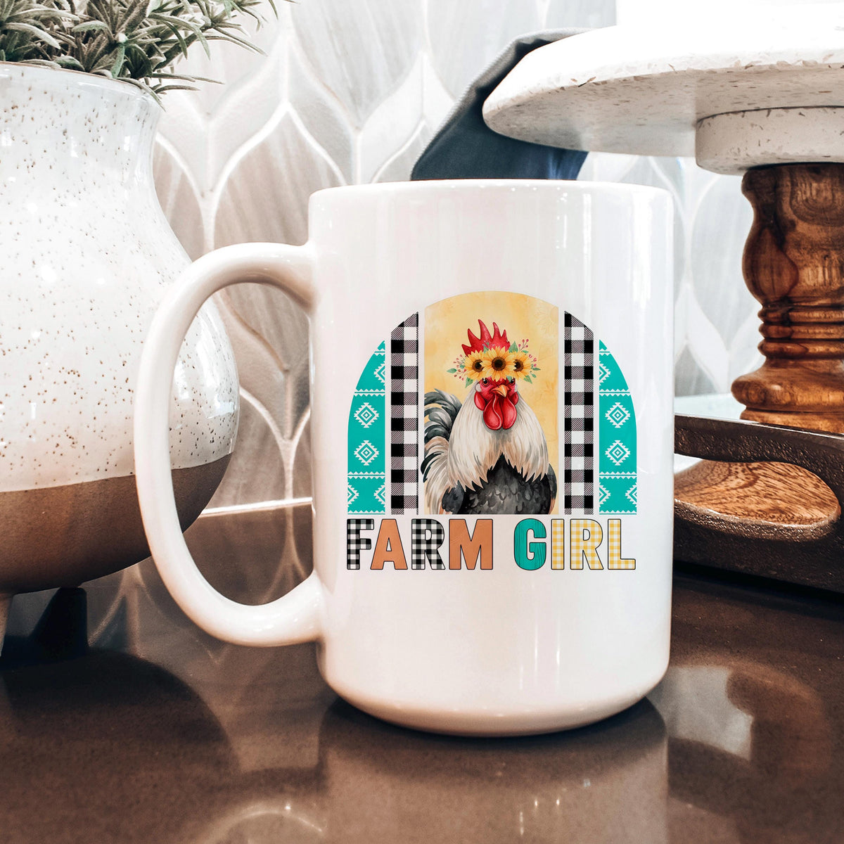 Farm Girl Mug – Rustic Farmhouse Coffee Cup with Sunflower Chicken Art by Joyful Moose