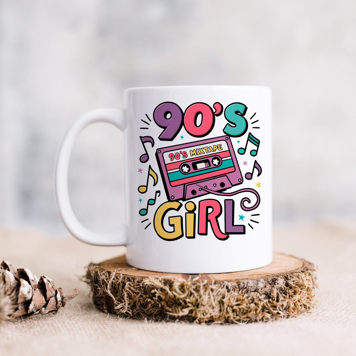 90s Girl Coffee Mug – Retro Cassette Tape Design | Microwave Safe Ceramic Cup by Joyful Moose