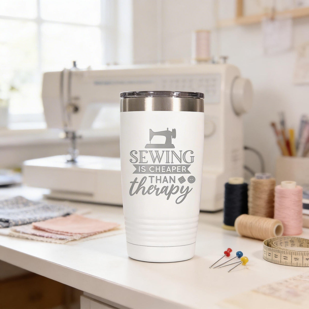 Personalized Sewing Tumbler 20 oz stainless steel insulated drinkware for crafters, hot or cold beverage travel mug, gift for sewists by Joyful Moose