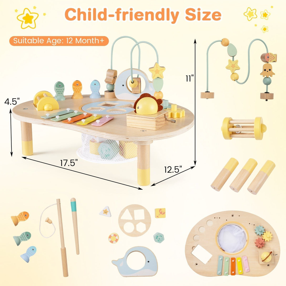 7-in-1 wooden toddler activity table with xylophone and bead maze by GBruno Store, view 5