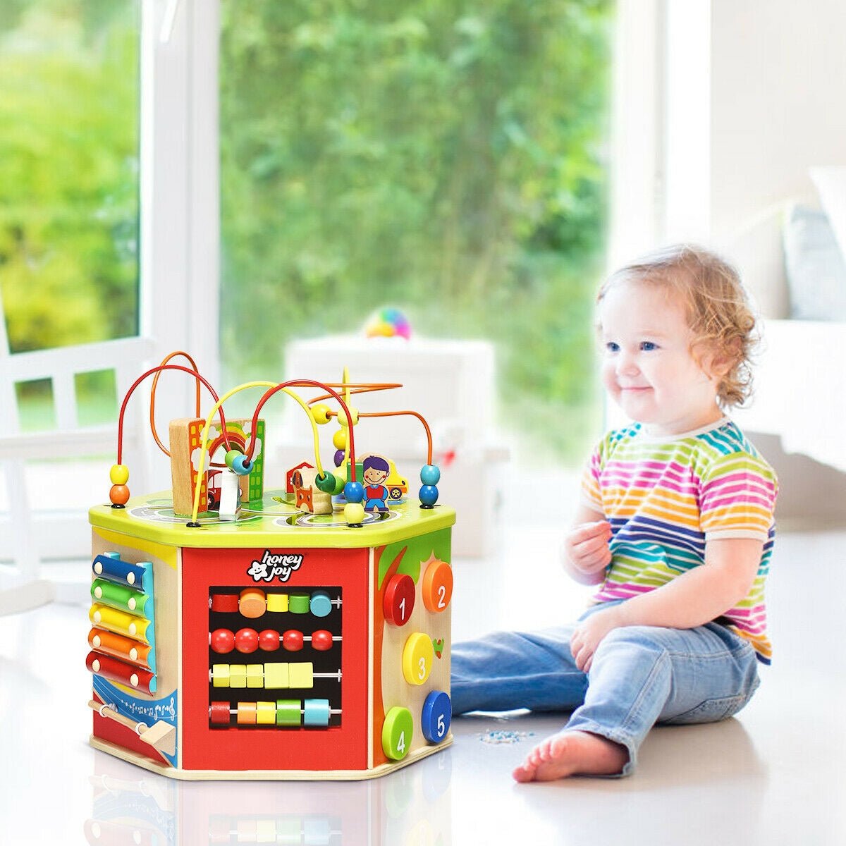 7-in-1 wooden activity cube toy with bead maze by GBruno Store