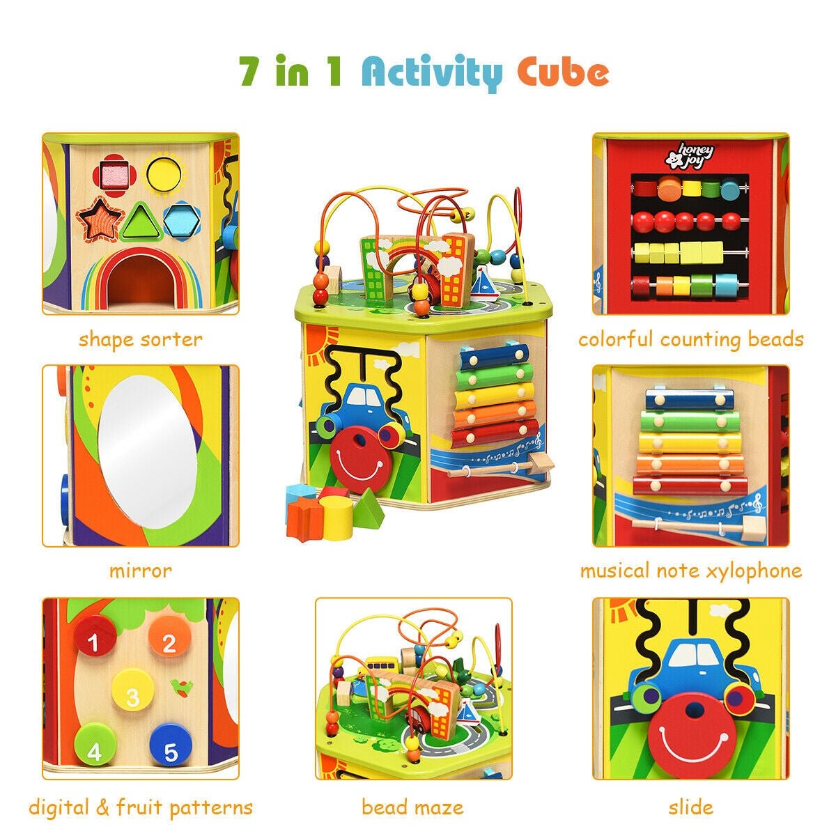 7-in-1 wooden activity cube toy with bead maze by GBruno Store, view 7