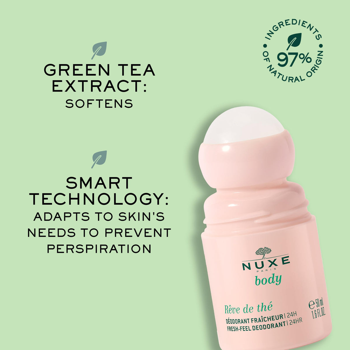 Nuxe Body Reve de The Deodorant 50ml - Long Lasting 24 Hour Protection Gentle Natural Deodorant by Beauty Care Bag